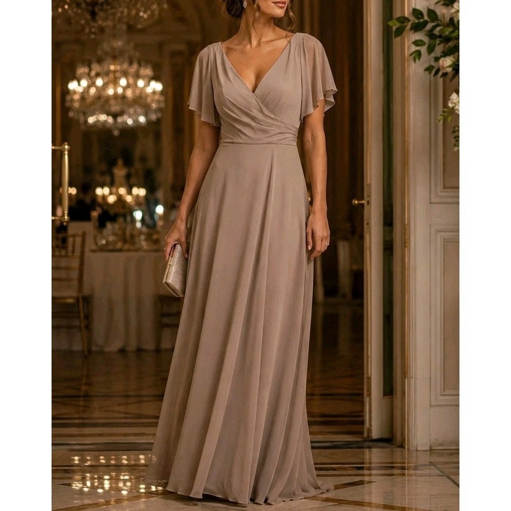 Azazie Indie Taupe Maxi Dress A6 Bridesmaid Formal Flutter Sleeve